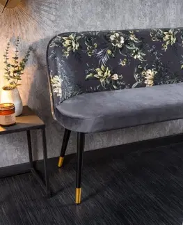 Stylové a luxusní lavice Estila Moderní art-deco čalouněná lavice Floreque do předsíně s šedým sametovým potahem s florálním motivem 130cm