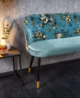 Stylové a luxusní lavice Estila Moderní art-deco lavice Floreque do předsíně s tyrkysovým sametovým čalouněním s florálním motivem 130cm