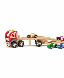 Dřevěné vláčky Woody Tahač se závodními auty, 27 x 8 x 11 cm