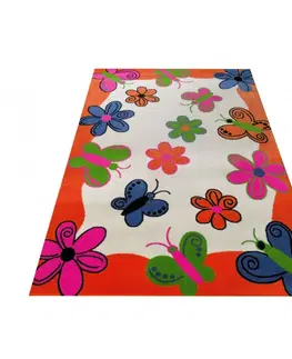 Dětské koberce Oranžový koberec s motýlky a kvítky