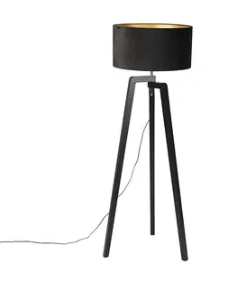Stojaci lampy Stojací lampa stativ černé dřevo s černým odstínem 50 cm - Puros