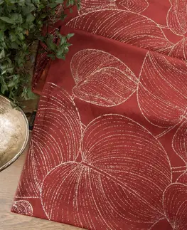 Dekorační ubrusy Sametový středový ubrus s lesklým potiskem listů v cihlové barvě