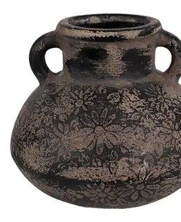 Dekorativní vázy Černo-šedý keramický obal na květináč/ váza s uchy a květy - Ø 15*13 cm  Clayre & Eef 6CE1711