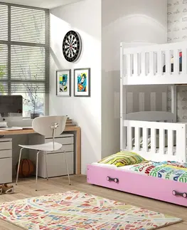 Postele BMS Dětská patrová postel KUBUŠ 3 s přistýlkou | bílá Barva: bílá / růžová, Rozměr: 190 x 80 cm
