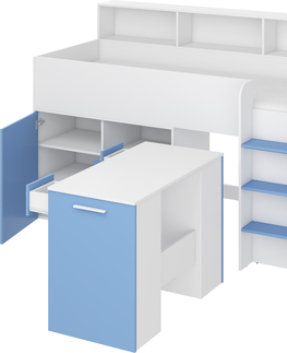Postele Multifunkční patrová postel DAGOBERT, pravá, bílá/sv. modrá, 5 let záruka