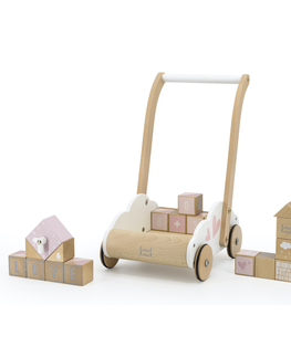 Hračky LABEL-LABEL - Dětský vozíček s kostkami, růžový