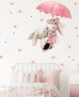Samolepky na zeď Samolepka na zeď pro děti - Zajíčci letící na deštníku
