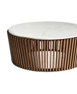 Designové a luxusní konferenční stolky Estila Art deco konferenční kulatý stolek Missy z hnědého akáciového dřeva a vrchní deskou z bílého mramoru 100cm
