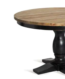 Designové a luxusní jídelní stoly Estila Luxusní černý kulatý jídelní stůl Zena Noir ve vintage stylu s vyřezávanou nohou a hnědou vrchní deskou 120 cm