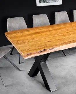 Designové a luxusní jídelní stoly Estila Moderní masivní medově hnědý obdélníkový jídelní stůl Mammut s překříženými nožičkami a akáciovou deskou 200 cm
