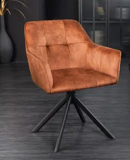 Luxusní jídelní židle Estila Industriální moderní otočná židle Devon s hnědým sametovým čalouněním as černýma nohama z kovu 83cm