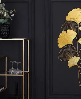 Různé luxusní dekorace a doplňky Estila Moderní florální nástěnná kovová dekorace Biloba I zlaté barvy 110cm