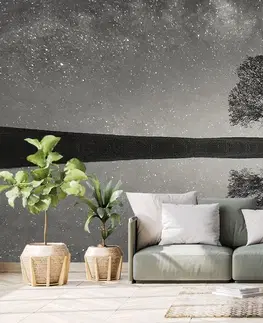 Samolepící tapety Samolepící fototapeta černobílá hvězdná obloha nad osamělým stromem
