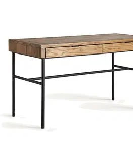 Stylové a luxusní pracovní a psací stoly Estila Luxusní industriální psací stůl Olmo se dvěma šuplíky v přírodní světle hnědé barvě s kovovými nožičkami 140 cm