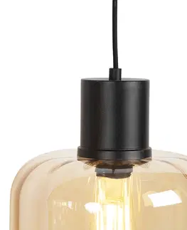 Zavesna svitidla Designová závěsná lampa černá s jantarovým sklem 3-světlo 161,5 cm - Qara