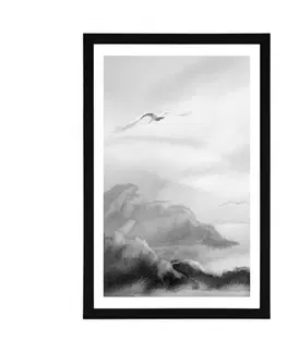 Černobílé Plakát s paspartou přelet ptáků přes krajinku v černobílém provedení