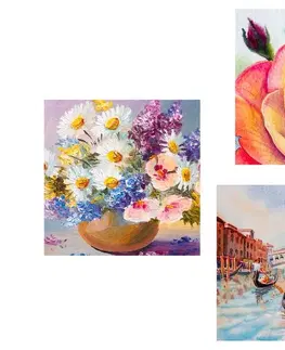 Sestavy obrazů Set obrazů romantické Benátky s květinami