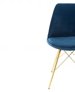 Luxusní jídelní židle Estila Designová moderní židle Scandinavia se zlatým kovovým nohama a tmavě modrým čalouněním 86cm