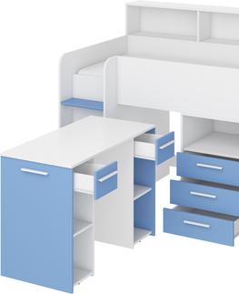 Postele Multifunkční patrová postel DAGOBERT, levá, bílá/sv. modrá, 5 let záruka