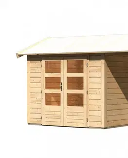 Dřevěné plastové domky Dřevěný zahradní domek THERES 3 s přístavkem Lanitplast Přírodní dřevo