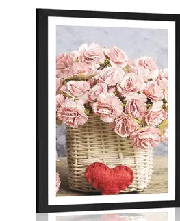 Vázy Plakát s paspartou kytička růžových karafiátů v košíku