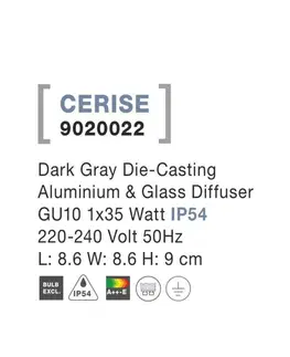 Moderní stropní svítidla NOVA LUCE venkovní stropní svítidlo CERISE tmavě šedý hliník a skleněný difuzor GU10 1x7W IP54 220-240V bez žárovky 9020022
