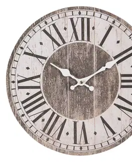 Hodiny Dřevěné hodiny s římskými číslicemi a patinou – Ø 34*4 cm / 1*AA Clayre & Eef 6KL0627