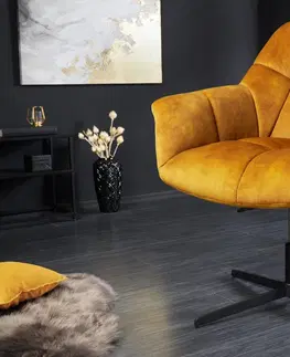 Designové a luxusní židle do pracovny a kanceláře Estila Designová otočná židle Mariposa s výškově nastavitelnou nohou v černé barvě as čalouněním v hořčičné barvě 89 cm
