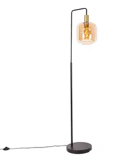 Stojaci lampy Designová stojací lampa černá s mosazí a jantarovým sklem - Zuzanna
