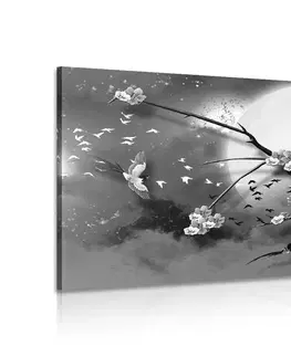 Černobílé obrazy Obraz větve stromu za úplňku v černobílém provedení