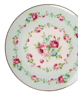 Talíře Zelený porcelánový dezertní talíř s květy - Ø 21*2 cm Clayre & Eef 6CEDP0128