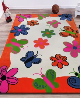 Dětské koberce Oranžový koberec s motýlky a kvítky Šířka: 133 cm | Délka: 190 cm