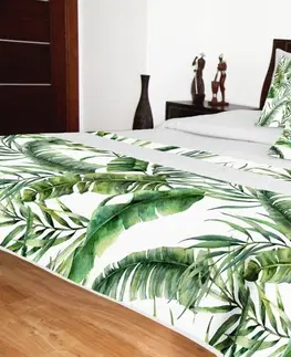 Přehozy na postel 3D s barevným potiskem Bílý přehoz na postel se zelenými listy