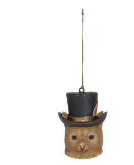 Obrazy Závěsná dekorace hlava kočky s kloboukem - 6*6*8 cm Clayre & Eef 6PR3104