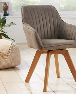 Luxusní jídelní židle Estila Skandinávské luxusní sametové otočné jídelní křeslo Caballet s opěrkami na ruce a potahem šedé barvy 84cm
