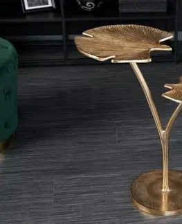 Luxusní a designové příruční stolky Estila Designový příruční stolek Ginko v art deco stylu se dvěma deskami ve tvaru listu ve zlaté barvě 56cm