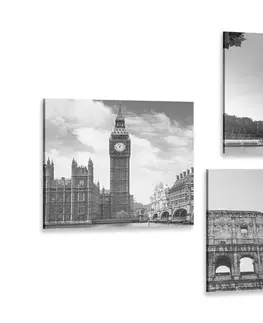 Sestavy obrazů Set obrazů pro milovníky cestování v černobílém provedení