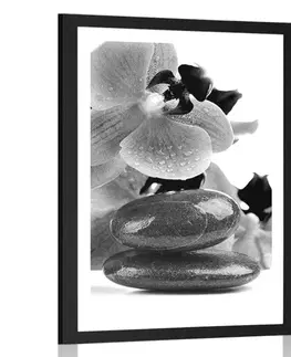Černobílé Plakát s paspartou SPA kameny a orchidej v černobílém provedení