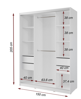 Šatní skříně Šatní skříň NEJBY BARNABA 150 cm s posuvnými dveřmi, zrcadlem, 4 šuplíky a 2 šatními tyčemi, bílá