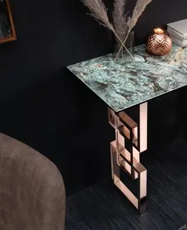 Designové a luxusní konzolové stolky Estila Art-deco konzolový stolek Ariana s mramorovým designem na tyrkysové vrchní desce s růžově zlatou podstavou 100cm