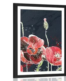Květiny Plakát s paspartou červené máky na černém pozadí