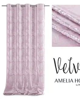 Záclony Závěs AmeliaHome Velvet Silver Leaves růžový, velikost 140x245