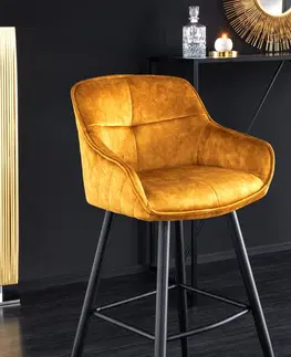 Luxusní barový nábytek Estila Designová industriální barová židle Rufus se žlutým čalouněním a černou konstrukcí z kovu 100cm