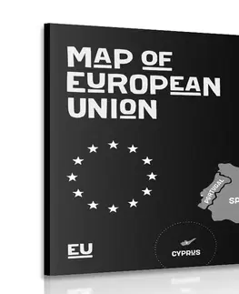Obrazy mapy Obraz naučná mapa s názvy zemí evropské unie v černobílém provedení