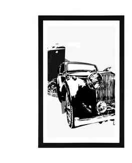 Černobílé Plakát s paspartou černobílé retro auto s abstrakcí