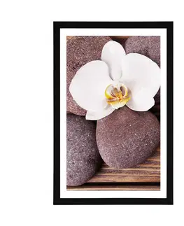 Feng Shui Plakát s paspartou wellness kameny a orchidej na dřevěném pozadí