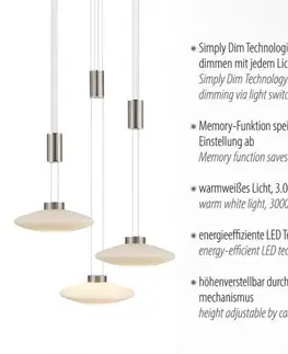LED lustry a závěsná svítidla PAUL NEUHAUS LED závěsné svítidlo 3 ramenné, kruhové, stříbrná barva, stmívatelné, nastavitelná výška SimplyDim 3000K