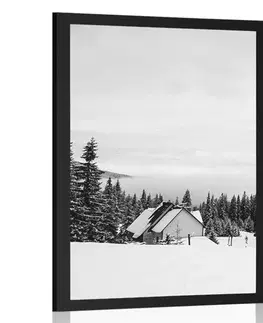 Černobílé Plakát chaloupka v zasněžené přírodě v černobílém provedení