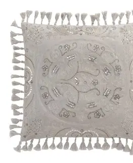 Dekorační polštáře Sametový šedý polštář Moroccan s třásněmi - 45*45 cm J-Line by Jolipa 3037