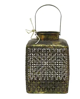 Zahradní lampy Zlatá antik kovová lucerna s ornamenty - 23*23*32 cm Clayre & Eef 6Y4542